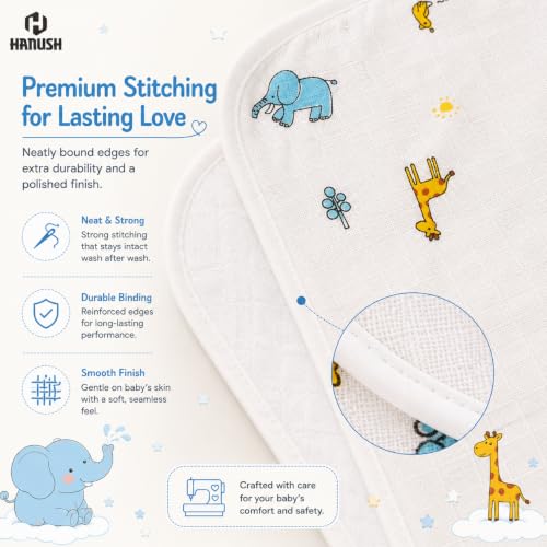 Image of HANUSH 100% Organic Muslin Cotton Hooded Baby Towel - Cute Giraffe & Elephant Print | Ultra Soft, Super Absorbent, Lightweight & Quick Dry Bath Wrap (75x75 cm) for Newborns & Toddlers (0-3 Years)