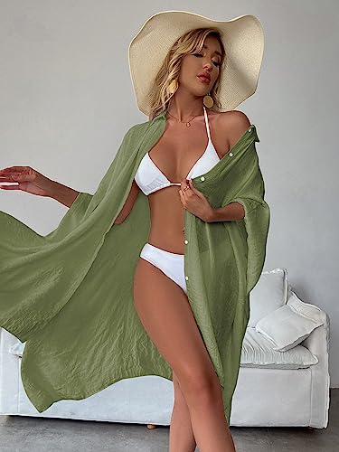 Image of Batwing Sleeve Beach Cover Up Button Front Kimono Bathing Suit Cover Ups