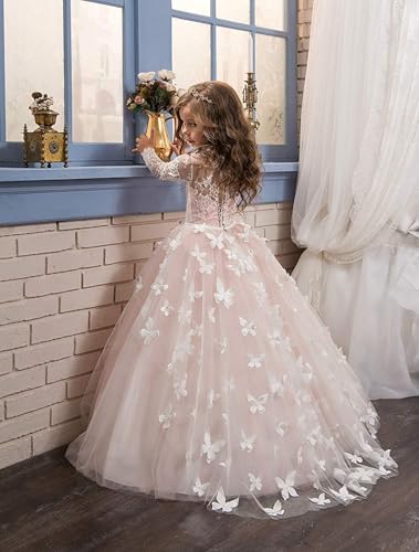 Tulle Flower Girl Dress for Wedding Lace Appliques 3D Butterfly Long Sleeves Party Pageant Ball Gown Dresses3