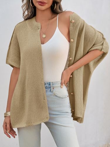 Image of Saodimallsu Womens Oversized Cardigan Sweaters Short Sleeve Button Down Casual Lightweight Loose Knit Trendy Cardigans