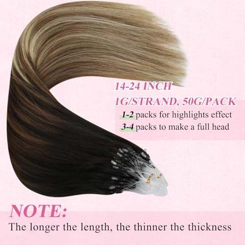 Image of YoungSee Micro Bead Hair Extensions Real Human Hair Balayage Micro Loop Hair Extensions Ombre Dark Brown to Browns with Blonde Hair Extension Bead Remy Hair Extension 57g 50s 18In Microring Hair