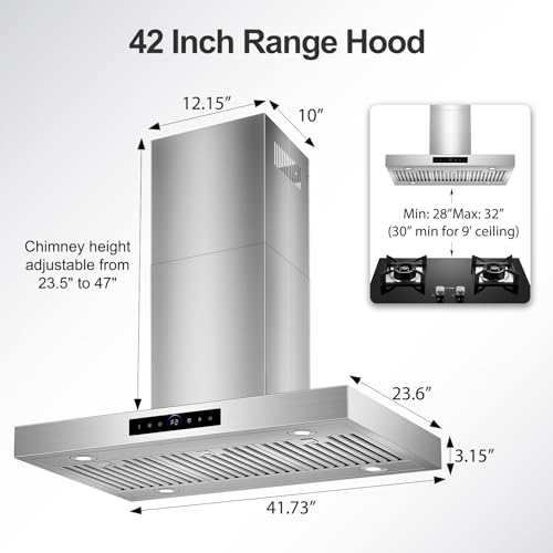 Image of 42 inch Island Range Hood Ceiling Mount 1200 CFM Stove Vent Hoods | 4-Speed Gesture Sensing & Touch, Ducted /Ductless, Stainless Steel, 4 LED Lights, Timer, Dishwasher-Safe Filters, for Kitchen