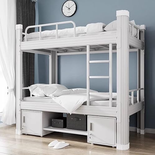 Litera de 100 x 200 cm, estructura de metal, litera doble, para adultos, con escalera y estructura de cama, resistente, de acero, para jóvenes y adultos (blanco, 100 x 200 cm)