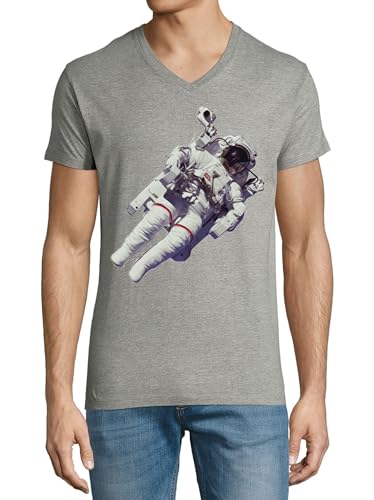 T-shirt col en V en coton gris XXL pour homme avec motif astronaute