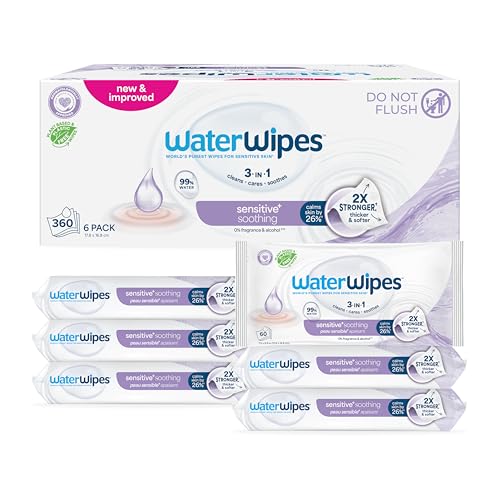 Image of WaterWipes Sensitive+ Soothing Wipes, 3-In-1 Cleans, Cares, Soothes, 99% Water with Botanical Extract, Unscented & Hypoallergenic Baby Wipes, 360 Count (6 Packs)