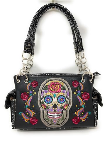 Western Women's Fashion Sugar Skull Embroidery Handbag Purse in 6 Colors