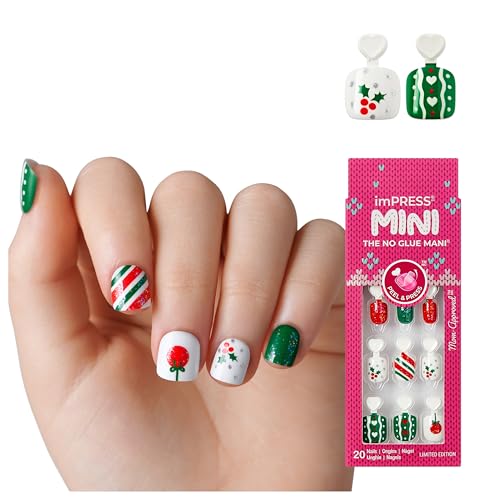 KISS imPRESS Mini Holiday Press On Nails for Kids, ‘One More Sleep’, Green, Child Size, Squoval Shaped, Mess-Free, Mom Approved, Non-Toxic, Breakaway Application Tabs, Nail File, 20 Fake Nails