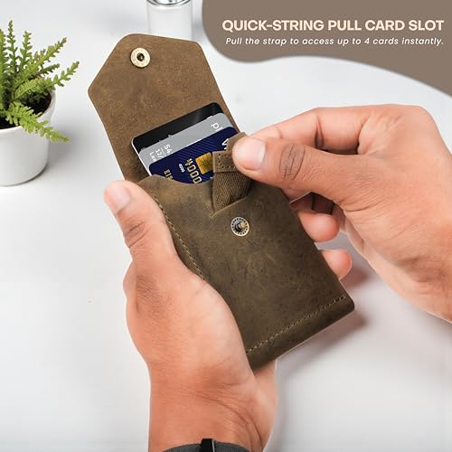 Image of The Wallet Store Flip Genuine Leather Vertical Slim Wallet for Men | Pull-String Quick Card Access | Compact Front Cash Pocket & Button Lock | Minimalist Travel & Daily Carry Wallet (Green)