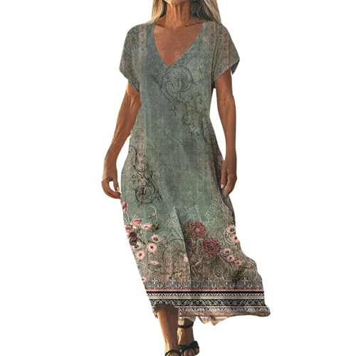 Sommerkleid Damen Lang, Strandkleid Damen Lang Vintage a Linie V Ausschnitt Tunikakleid Sommer Blümchenkleid Maxikleid Strandmode Sommerkleider...