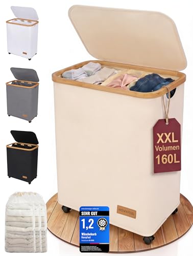 HomyFeel - Wäschekorb 3 Fächer rollbar 160L Wäschesammler mit Deckel Wäschesortierer groß Oxford Gewebe herausnehmbarer wäschesack Wäschebox auf Rollen Griffe aus Bambus 57x37 5x79cm Beige