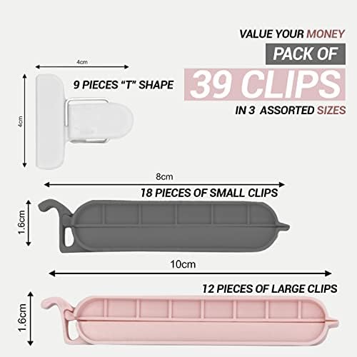 39Pcs Plastic Food Bag Clips in Pink, White and Grey Colours, Assorted for Kitchen Foods Storage, Reusable Bag Clips for Snack, Home and Kitchen 3 Sizes