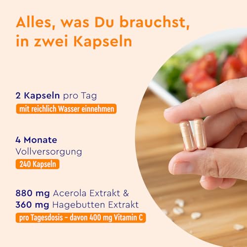 Natürliches Vitamin C - 240 vegane Kapseln - 400mg reines Vitamin C hochdosiert - Aus Acerola- und Hagebutten-Extrakt - 4 Monatsvorrat - Laborgeprüft, ohne Zusätze in Deutschland hergestellt