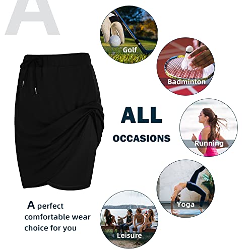Zando MNFUYPZAS4543DHA1L Tennis Skirts For Women With Pockets Athletic Knee Length Golf Casual Skorts Shorts Sports Drawstring Waist Skirt Black X-Large thumb #4