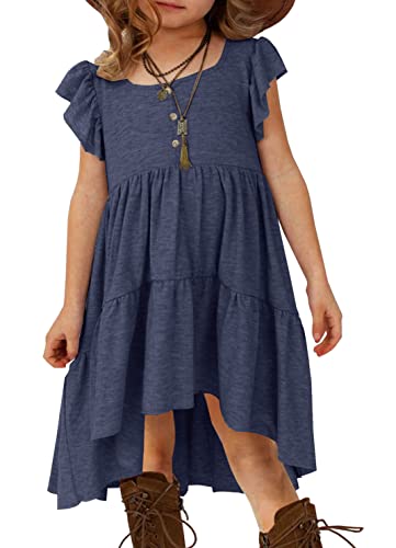 Hosika Toddler Girls Swing Dress Round Neck Solid Color Flutter Sleeve Cute Boho Sundress Ruffle Midi Dress For 8 Years Kids Navy Blue #TOP11