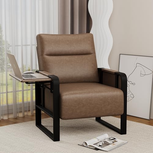 Mid Century Faux Leather Armchair with Side Table, Brown