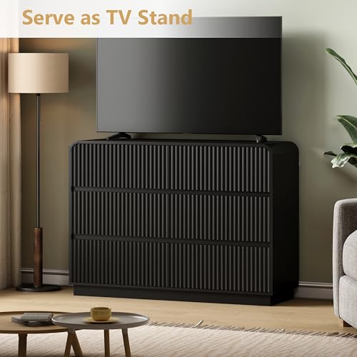 Image of Wodeer Black Dresser Fluted 6 Drawers Dresser for Bedroom, 47 inch Wide Wood Chest of Drawers with Hidden Handles & Rounded Corners, Modern TV Stand Storage Cabinet for Living Room, Hallway, Entryway