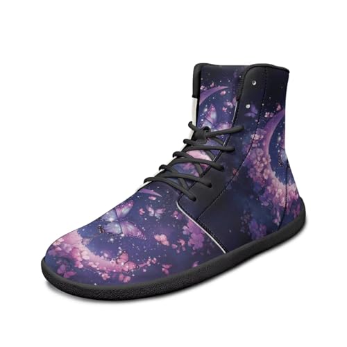 Binienty Moon Butterfly Print Shoes Women Purple Floral Barefoot Dress Shoes for Men Casual Zero Drop Wide Toe Box Minimalist Barefoot Boots with Arch Support, US 11