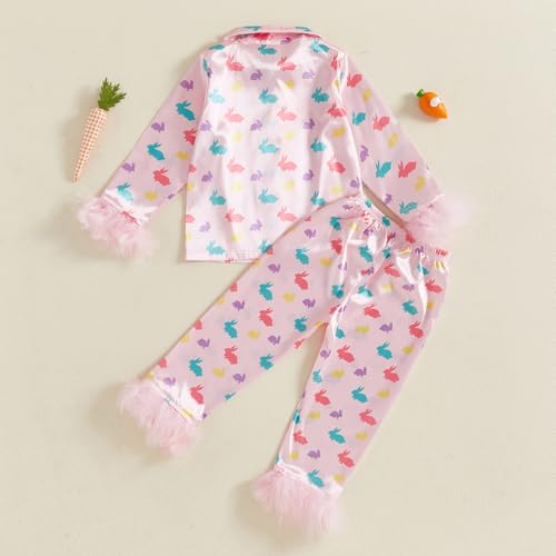 Multitrust Baby Girl Easter Day Silk Pajamas Set Bunny Carrot Button Down Feather Trim Sleeve Shirts Pants 2PCS Satin Pj Sets3