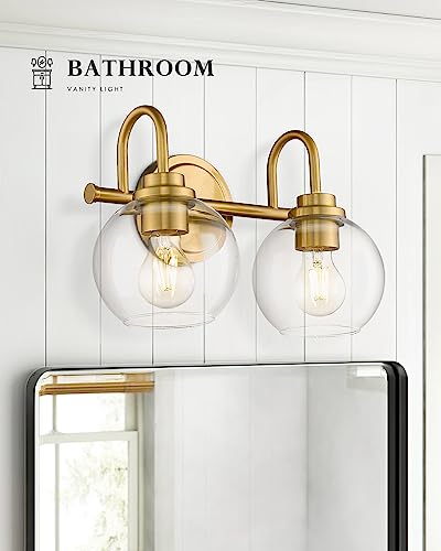 Image of Bathroom Light Fixtures, 2-Light Brushed Gold Vanity Lights with Globe Clear Glass, Champagne Bronze Vanity Lighting Fixtures Over Mirror, AD-22280-2W-GD