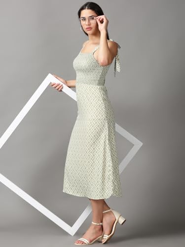 Image of SHOWOFFFF Women Printed Fit and Flare Casual Dress | Square Neck Sleeveless Crepe Dress for Womens | Maxi Dress for Women's