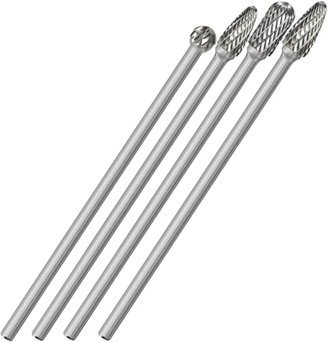 Sworker 4Pcs Long Carbide Burr Set 1/4' Shank Total L 6.1' Die Grinder Bits Rotary Rasp Attachment Cut Port Grind Metal Cast Iron Steel Aluminum Cylinder Head Engine Intake Exhaust Manifold Tight Area