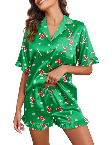 Image of Ekouaer Satin Pajama Set for Women Button Down Silk 2 Piece Pj Sets Ruffle Short Sleeve Sleepwear