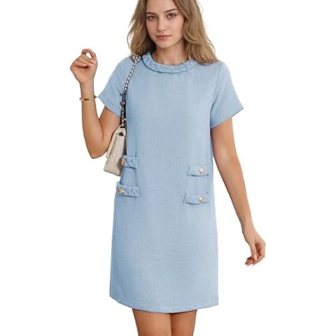 SeeLuNa Women's Tweed Dress Short Sleeve Crew Neck A-line Party Vintage Mini Skirt Causal Dresses(Blue,XS) Cover