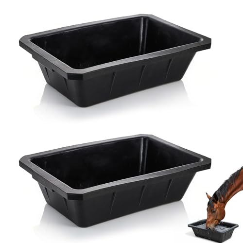 Cididu 2 Pack Rubber Feeder Pan, 10 Quart Large Horse Trough Feeder Bucket, Heavy Duty 2.5 Gallon Chicken Dust Bath Tub Water Bowl for Pig Goat Dog Cat Farm Livestock Animal Feeding, Rectangular