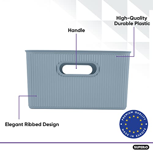 Superio Ribbed Collection - Decorative Plastic Open Home Storage Bins Organizer Baskets, Large Blue (1 Pack) Container Boxes For Organizing Closet Shelves Drawer Shelf 15 Liter/16 Quart #TOP2