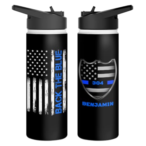 winorax Police Officer Gifts Personalized Police Water Bottle Back The Blue US Flag Police Academy Graduation Gifts for Men Women Cops Retirement Sports Bottles Cups Stainless Steel 12oz 18oz 32oz