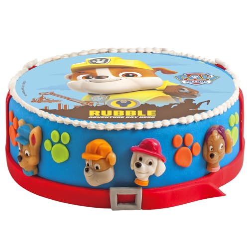 dekora - Tortendeko für Kindergeburtstage - Essbarer Tortenaufleger Paw Patrol Rubble 20 cm Diameter - Cake Topper aus Esspapier - Glutenfrei, Laktosefrei, Ohne Zuckerzusatz - Für Vegetarier Geeignet