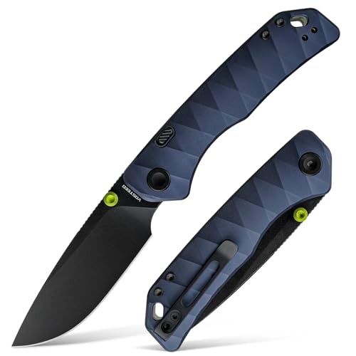 Image of Vosteed Marten EDC Folding Pocket Knife - 3.30 inch 154CM Black Stonewash Blade - Top Liner Lock, Dark Slate Blue Aluminum Handle - Camping, Fishing Knives - A1615