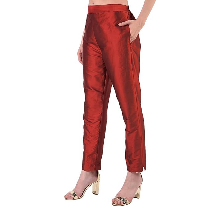 Women's Straight Pant Silk with Cotton Lining Trouser (Maroon)-picture-34