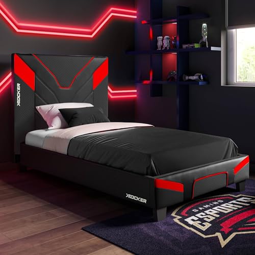 X-Rocker Cerberus Gaming Bett, 90cm Einzelbett, Holzlatten, gepolstertes Kopfteil aus PU-Kunstleder, niedriges Fußteil, ideal für Teenager, Kinder, Gaming-inspiriert, Carbon-Rot-Schwarz, 90 x 190cm