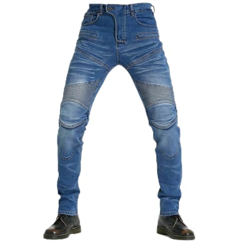 GDNKP Pantalones de equitación de Motocicleta para Hombre con Armadura, Jeans de Rodilla y Cadera, Almohadillas,Azul,M