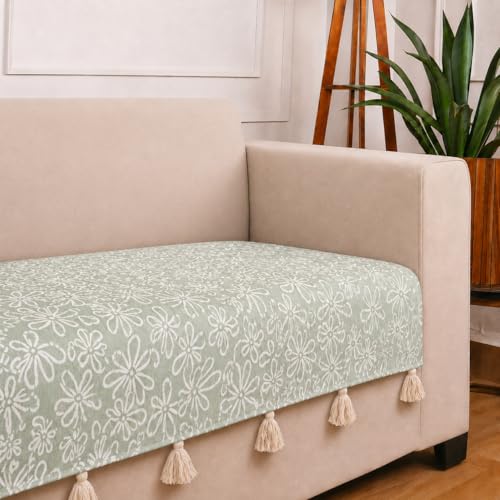 Image of STITCHNEST 'Verdant Phool Stories' 1 Seater Sofa Cover| Elegant Jacquard Fabric, Decorative Tassels, Washable & Durable for Modern Living