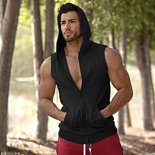 MILAX Men's Hoodie, Black Sleeveless Zip Up Hoodie for Workout, Muscle Fit Full Zip Hooded Jackets, Gym Hoodies with Kangaroo Pockets, Size L - Image 3
