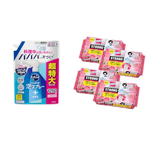 キュキュット 花王 掃除セット CLEAR泡スプレー 無香性 食器用洗剤 台所洗剤 詰め替え 1250g +トイレクイックルストロング 詰め替え プレミアムローズ 16枚 × 4個 トイレ掃除