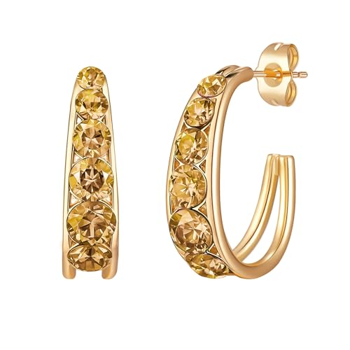 Stunning Austrian Crystal Open Half Hoop Earrings for Women 14K Gold Plated Hypoallergenic Fashion Jewelry (Light Topaz)