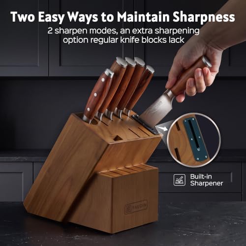 Image of PAUDIN 16-Piece Kitchen Knife Set with Block, Built-in Sharpener, Ultra Sharp 5Cr15Mov Stainless Steel Chef Knives, Natural Wood Handles, Steak Knives, Scissors & Honing Rod, Complete Cutlery Set