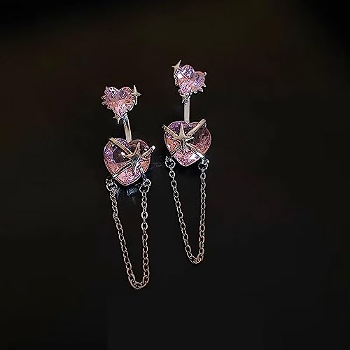 Pink Heart Earrings,Crystal Heart Y2K Earrings For Women Girls,Sparkly Love Heart Dangle Earrings With Tassel Chain,Pink Heart Long Drop Dangling Dainty Earrings,Unique Jewelry Gift For Women Girls #TOP5