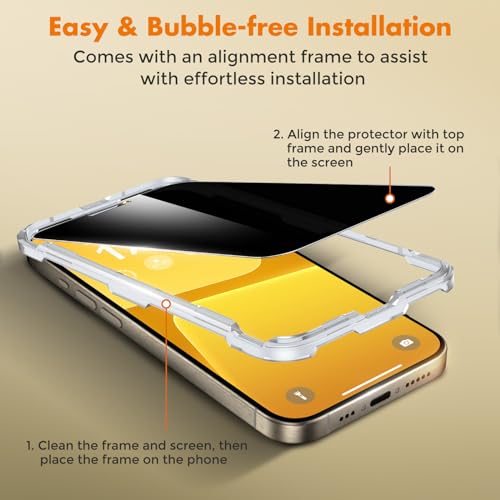 Image of UNBREAKcable Privacy Screen Protector for iPhone 15 Pro, Anti-Spy Shatterproof Tempered Glass [True 28Anti Spy] [9H Hardness] [Easy Installation Frame] Black Protector for Apple iPhone 6.1 inch - 2 Pack