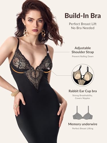 Image of Women's Summer Built-in Bra and Shapewear Bodycon Sexy Maxi Dress with Lace Deep V-Neck and Spaghetti Straps