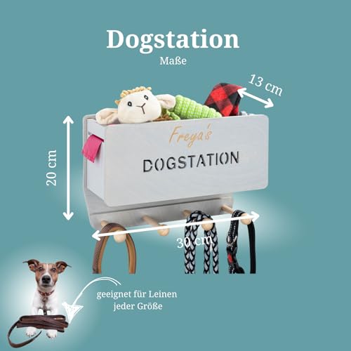 INEXTERIOR Hundegarderobe CLASSIC aus Holz - personalisierbar - in Deutschland handgefertigt - Aufbewahrung für Hundeleinen (Grau, Schriftzug Dogstation + Name)