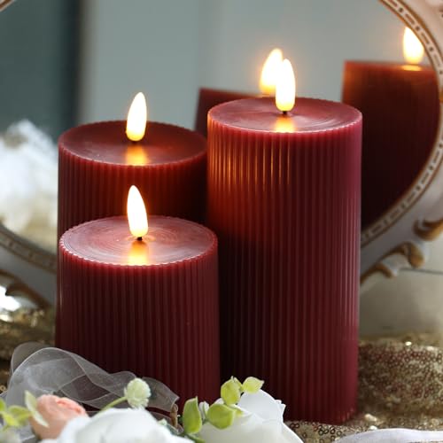 Image of 3 Pack Wax LED Flameless Candles with Remote Real Wax Battery Operated Electric Pillar Candle Set with Vertical Stripes 3D Black Wick for Home Party Wedding Decorations, Burgundy, D 3 x H 4 /5 /6 inch