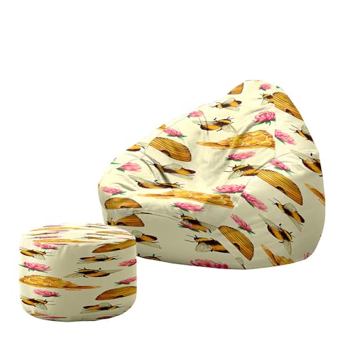 Treer 3D Funda Puff Pera Salon sin Relleno, Adulto Cojín Puff Pera Bean Bag con Reposapies Bolsa de Frijol con Cremallera para Interior, Exterior, Salón, Oficina (patrón A-6,80x90+20x30cm)