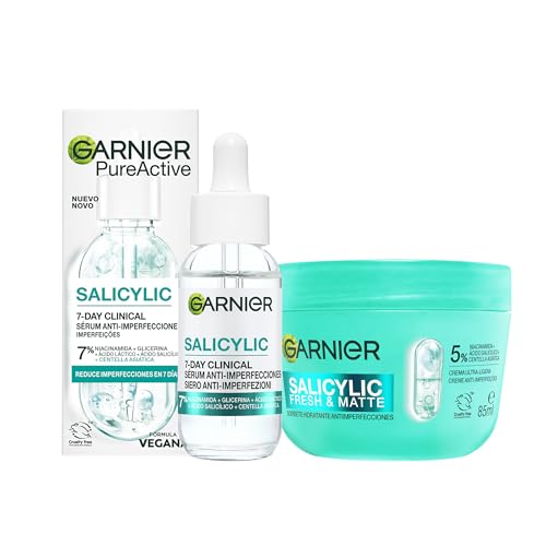 Bundle of Garnier Hyaluron Fresh & Plump Sorbete Hidratante Rellenador Crema4% [Niacinamida + Ácido hialurónico] 85ml + Garnier PureActive Salicylic 7-Day Clinical Sérum Anti-imperfecciones 30ML