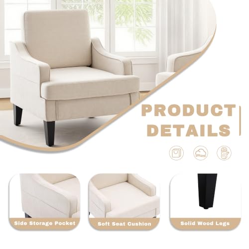 Image of Accent Chair for Living Room,Mid-Century Arm Chair Fabric Living Room Chairs,Upholstered Reading Chair for Bedroom,Single Sofa Chair with Wood Legs for Apartment (Beige)
