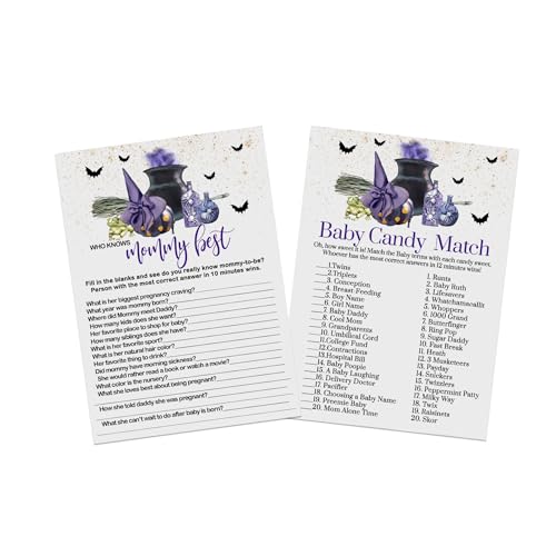 Image of Paper Clever Party Trouble is Brewing Baby Shower Game 2-in-1 Bundle with Mommy Best and Candy Bar Matching, Fun Witch or Wizard Halloween Gender Reveal, Purple Double Sided Cards, 5x7, 25 Guests