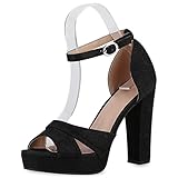  VAN HILL Damen High Heels Sandaletten Glitzer Schuhe Blockabsatz Party Absatzschuhe Plateau Vorne Abendschuhe 210503 Schwarz 41